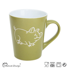 Green Glazing Silk Screen Cute Cow V Shape Mug